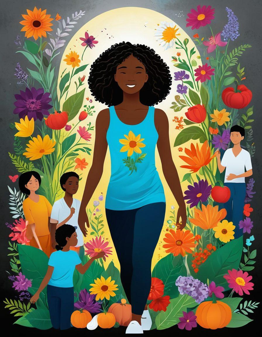 An inspiring journey illustration showing the transition from a dark, ominous diagnosis to a bright, hopeful survivorship. Include symbols of healing like a blooming flower and healthy foods, surrounded by a diverse group of people engaging in supportive activities. The background should reflect both challenges and triumph, transitioning from gray to vibrant colors. super-realistic. vibrant colors. uplifting atmosphere.