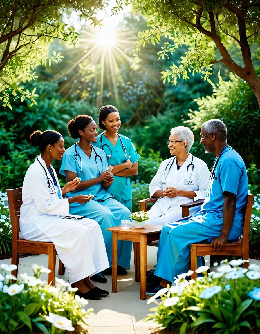 A serene scene of a diverse group of patients and healthcare providers interacting, surrounded by symbols of hope such as blooming flowers and gentle sunlight. The patients are engaged in various supportive activities like sharing stories, receiving counseling, and attending group sessions. A soft, calming color palette of blues and greens amplifies a feeling of warmth and safety. Include elements of nature to symbolize growth and healing. super-realistic. vibrant colors. 3D.